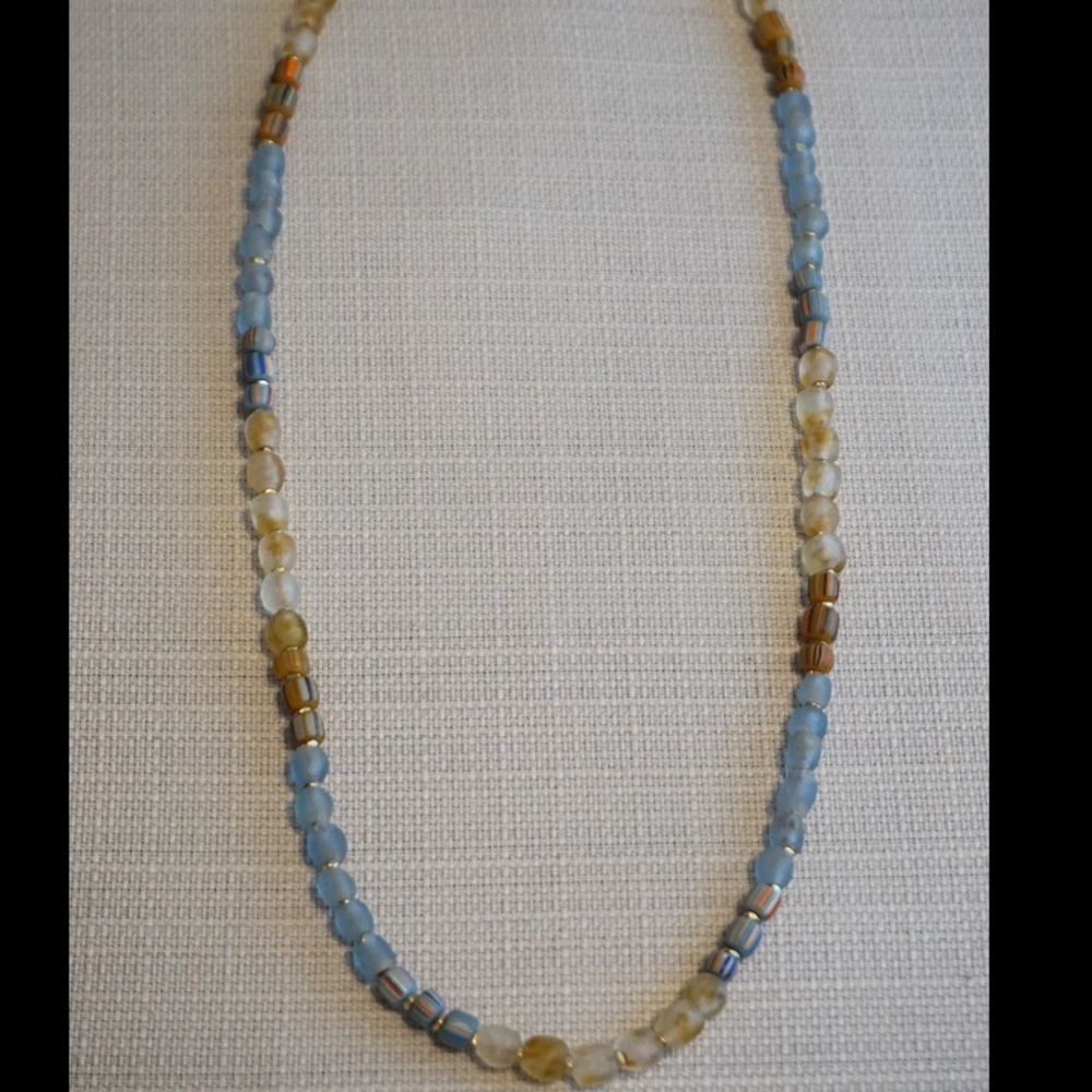 Blue and Tan Recycled Glass Bead Handmade Necklace
